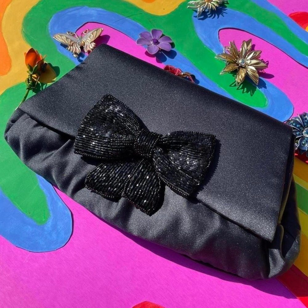 90s black satin evening clutch w/ large beaded bow